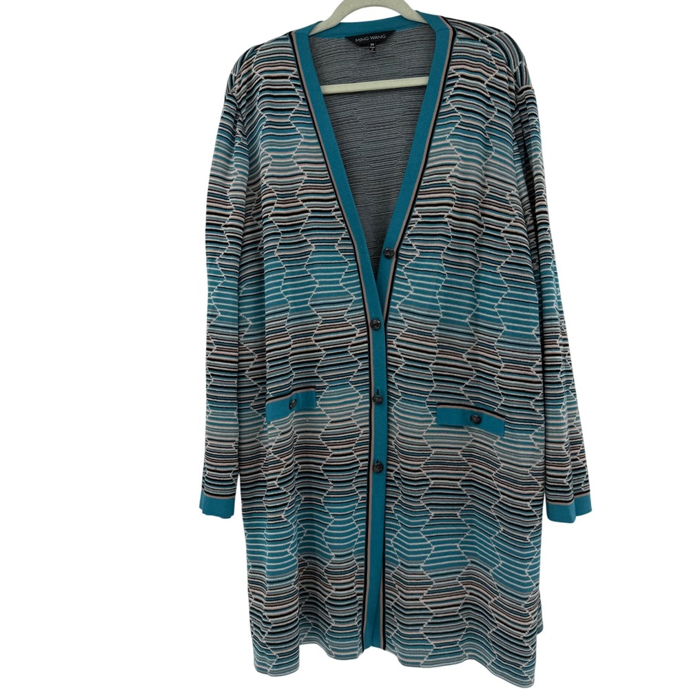 Ming Wang Teal Geometric Knit Longline Cardigan Sweater 3X Zigzag Button Front
